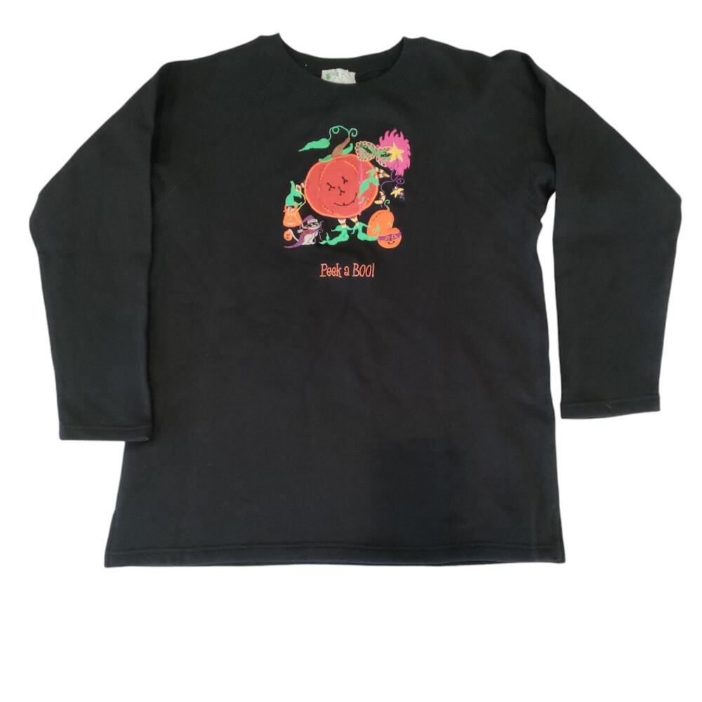Quacker Factory Sweatshirt Women's Small "Peek a Boo!" Pumpkin Embroidered Black